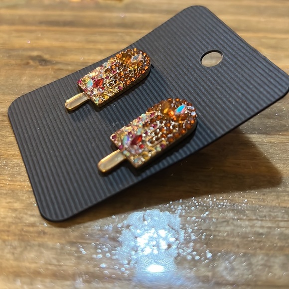 Gorgeous handmade rhinestone lollipops, gold tone. Nickel free post. Orange pink - Picture 5 of 6